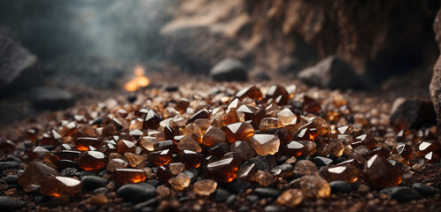 Wall Mural - Smoky quartz stones on cave blurred background. 