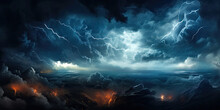 Epic Huge Storm Lightning Thunder Ocean Waves Bad Weather Background, Generated Ai
