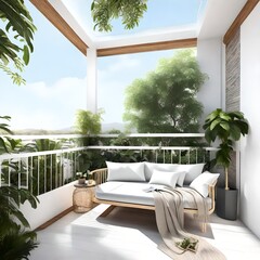 Wall Mural - modern living room ,Modern balcony sitting area decorated with green plant and white wall. superlative generative AI image.