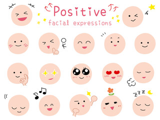 シンプルでかわいいポジティブな顔表情のアイコンセット　カラーのフラットデザイン