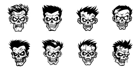 Monochrome illustration of a zombie's head collection. Halloween theme