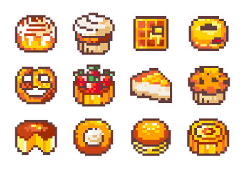 Wall Mural - Pixel Art Pastry Set. 8 bit style stickers of Pixelated Bakery Bread and Cakes -  Cinnamon Roll, Cupcake, Waffle, Donut, Pretzel, Cheesecake, Berry Tart, Muffin, Sponge and Moon Cake, 