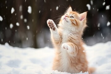 Cute fluffy kitten is playing with snowflakes on blur background