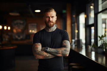 Wall Mural - Male barista with tattoo standing in coffee shop