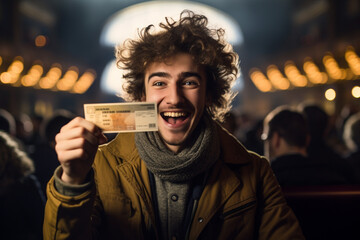 Wall Mural - Attractive man showing movie ticket