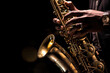 © tong2530 - Close up of Saxophone Player hands Saxophonist playing jazz music. Alto sax musical instrument on black background. Generative Ai