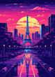 Leinwandbild Motiv Immerse yourself in the mesmerizing world of city synthwave design! Step into a retro-futuristic realm where neon lights illuminate towering. skyscrapers, and sleek, futuristic designs