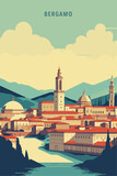 Fototapeta  - Italy Bergamo city retro poster with abstract shapes of skyline, landscape, houses and mountains. Vintage cityscape travel vector illustration of Lombardy Italian town panorama