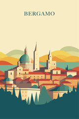 Poster - Italy Bergamo city retro poster with abstract shapes of skyline, landscape, houses and mountains. Vintage cityscape travel vector illustration of Lombardy Italian town panorama