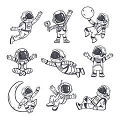 set of cartoon astronauts isolated on white background. Doodle style, elements for book, magazines. Coloring page. Vector illustration
