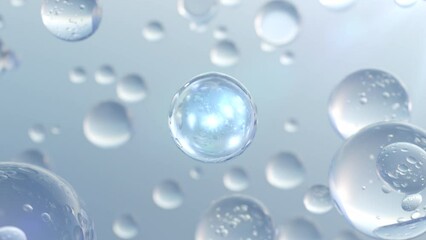 Poster - 3D animation of multiple atoms floating in water. Particles inside a liquid bubble, cosmetic essence, and a liquid bubble on a background of water.