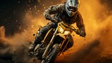 Fototapeta  - A motorcyclist on a motorcycle quickly rides through the dirt and dust on the track during a motocross competition