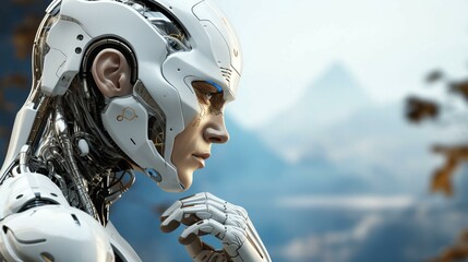 Poster - The face of a robot woman and a futuristic hybrid of human and artificial intelligence