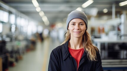 Wall Mural - Portrait of a woman in a bustling manufacturing plant optimizing production processes