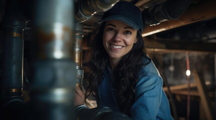 Wall Mural - Portrait of a woman in a tight crawl space skillfully installing pipes and fixtures