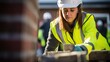 Portrait of a woman in a high-visibility vest meticulously laying bricks and pouring concrete