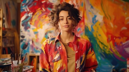 Poster - Portrait of a woman in her colorful studio passionately painting vibrant canvases