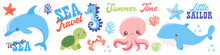 Cute Vector Nautical Set. Children's Illustrations On White Background. Dolphin Whale Sea Lighthouse Octopus Seahorse Crab Shrimp Shrimp Seagull Turtle Turtle. Various Marine-themed Lettering. Vector