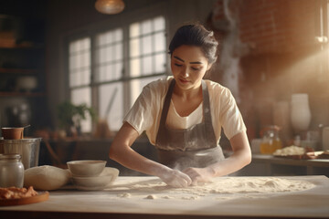 cute girl Focus on kneading bread dough to make a variety of breads in a kitchen with plenty of natural light.