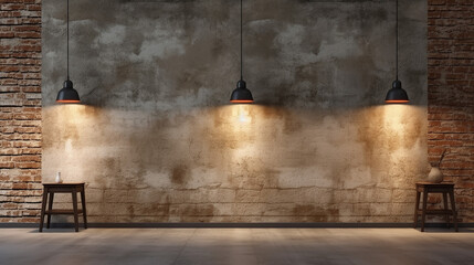 Wall Mural - brick wall concrete floor and lamps background 3d render