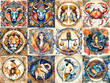 Set of zodiac signs icons. Aries, Leo, Gemini, Taurus, Scorpio, Aquarius, Pisces, Sagittarius, libra, Virgo, Capricorn, and cancer. Watercolour painti