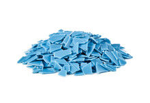 Blue Flake Plastic Waste Isolated On White Background. Pile Of Blue Flake Plastic Waste Isolated. Heap Of Blue Flake Plastic Waste Isolated