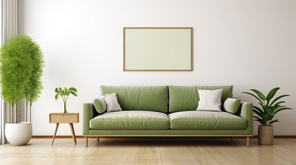 Wall Mural - home interior design with green sofa and trendy decoration in white living room, frame mock-up, 3d render