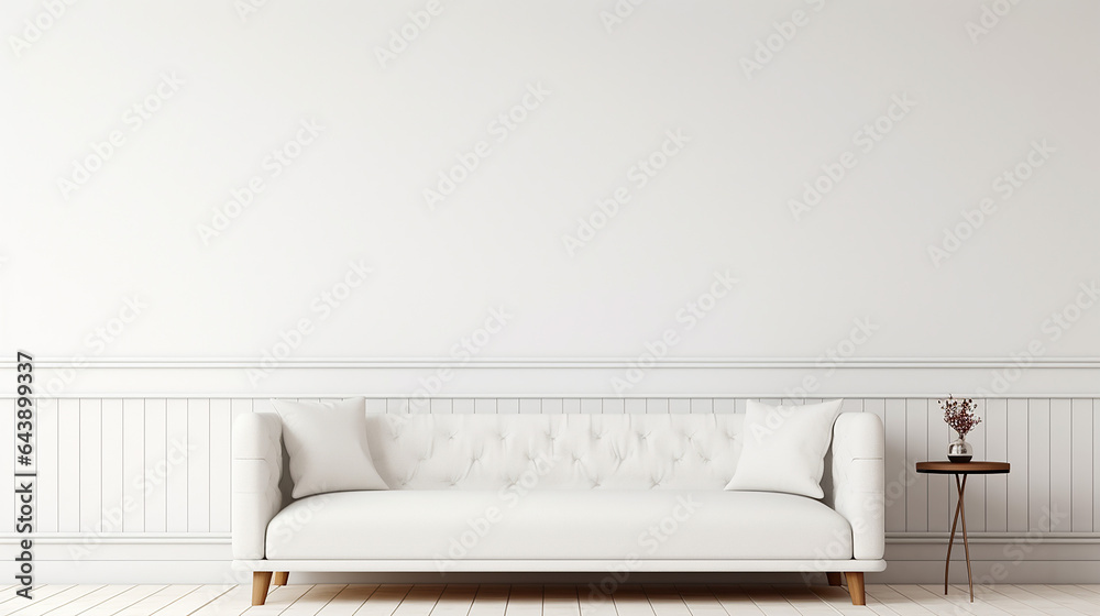 white tufted sofa couch mid century modern living room with white wall ...