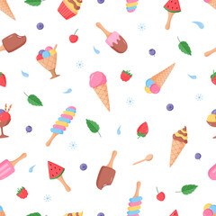 Seamless pattern Ice cream and berries set of bright colored icons. Vector illustration of summer desserts popsicles, ice cream in waffle cones, strawberry cherry raspberry mint blueberry.