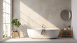 a white minimal bohemian Mediterrane concrete bathroom with bathtup 3d rendering