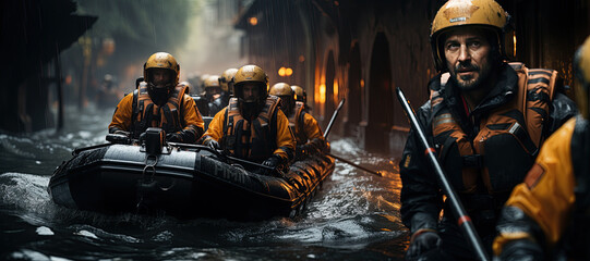 Wall Mural - Rubber boat rescue team assisting people stranded on the roof of a flooded building amidst a severe storm and heavy rain