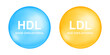 HDL and LDL cholesterol types in blue and yellow ball shapes. Good and bad cholesterin concept. High and low density, lipoprotein icons isolated on white background. Medical infographic