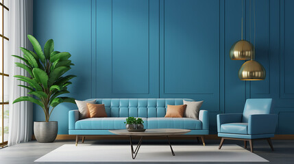 Wall Mural - interior design of living room with blue sofa and blue wall 3d rendering