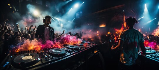 vibrant nightclub scene with a DJ performing on a stage. Colorful lights illuminate the dance floor,Generated with AI