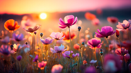 Colorful wild flowers field illuminated by the sunset light