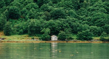 Wall Mural - Norwegian wooden cabin in the mountains by the water in Norway