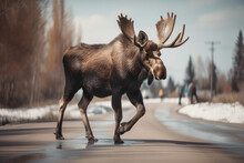 Moose Crossing The City Road, Between Trees.