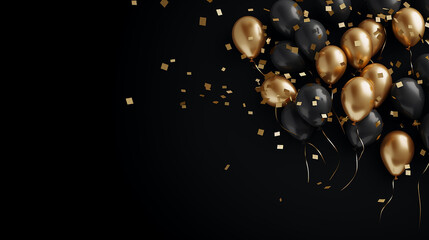 Wall Mural - gold balloons and foil confetti falling on black background