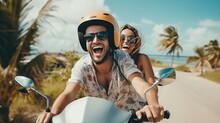 Happy Young Couple Riding A Moped In A Tropical Country
