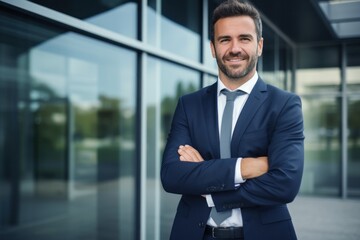 A businessman standing outside of an office..