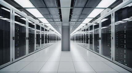 Poster - server room with rows of servers in a data center