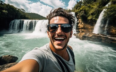 Wall Mural - A man taking a selfie in front of the waterfall