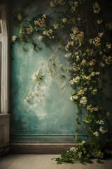 Wall Mural - Vintage interior with green wall, white flowers and ivy.