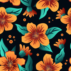 Wall Mural - Hand drawn yellow orange hibiscus with blue leaves. Tropical atmosphere with flowers creates a seamless pattern with a black background for modern fabrics and textiles. 