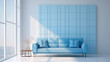 blue loveseat sofa against of large grid window