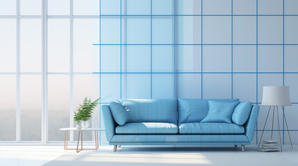 Wall Mural - blue loveseat sofa against of large grid window. minimalist decoration