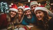 During Christmas dinner, happy individuals snap a family selfie shot. Generative Ai.