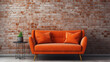 cute orange velvet loveseat sofa in empty room with brick wall. interior design