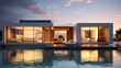exterior of modern minimalist cubic villa with swimming pool with reflection on water