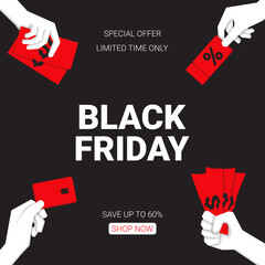 Wall Mural - Minimal background for Black Friday Sale. Trendy vector illustration for promotion, advertising and social media. Modern banner for Black Friday sale with hands holding banknotes, card and coupon.